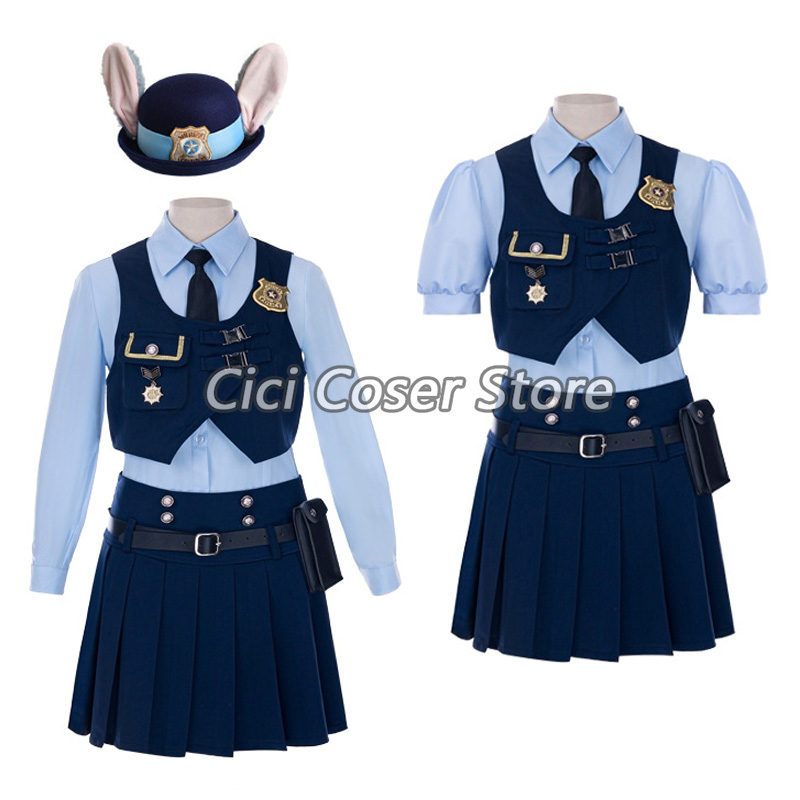 Zoo Party Games - ภาพยนตร์ Zoo Officer Judy Hopps คอสเพลย์เครื่องแต่งกายเสื้อสีฟ้ากระโปรงชุดตํารวจและหมวกสําหรับสาวปาร์ตี้ฮาโลวีน