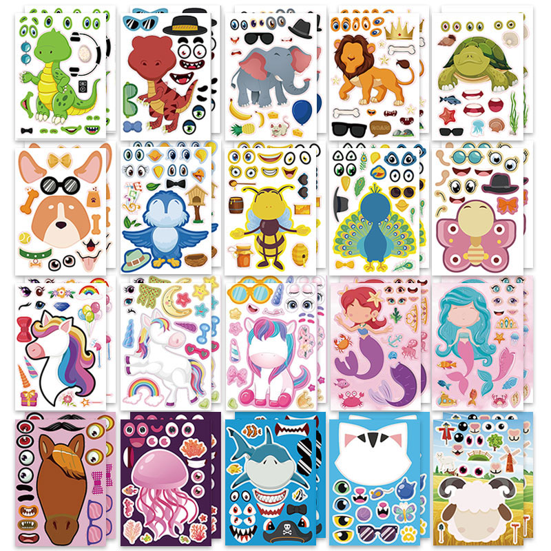 Zoo Party Games - 12/24 แผ่น Make a Face สติกเกอร์สวนสัตว์สัตว์ทะเลไดโนเสาร์ของขวัญเทศกาลรางวัล